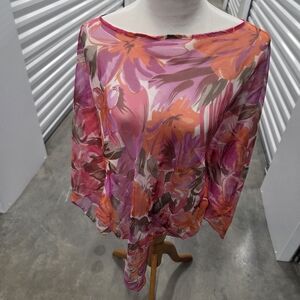 Floral Sheer Boatneck Poncho Top in Pink and Orange